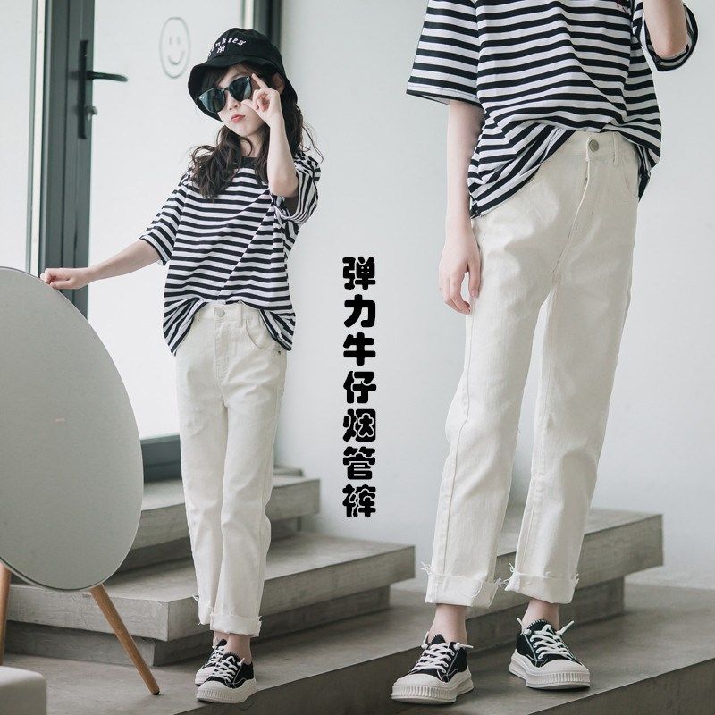 女童韩版时髦弹力牛仔裤铅笔裤夏季新款洋气百搭长裤子休闲白色潮图片