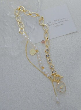 淡水珍珠镶钻链条爱心流苏OT扣项链百搭设计感气质锁骨链甜美项链