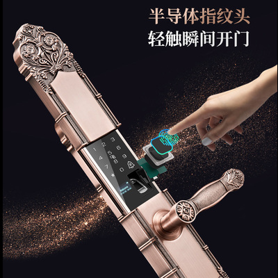 新款别墅双开门指纹锁家用防盗门电子智能L锁欧式复古铜大门密码