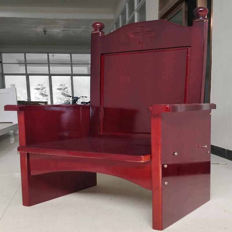 牧师椅扶手实木大堂用品礼拜K堂讲台椅讲道椅酒红