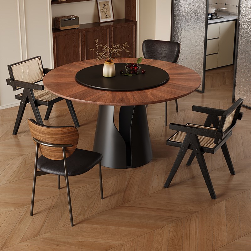 胡桃木纹实木f圆形餐桌椅组合家用中古风小户型法式复古圆桌带转
