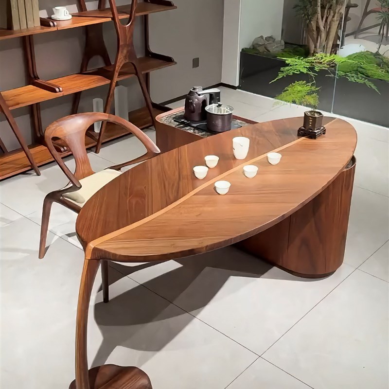 新中式北c美黑胡桃木茶桌椅组合客厅阳台现代简约轻奢实木树叶茶