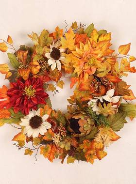 秋色感恩节装饰花圈花环仿真向日葵仿真秋菊枫叶装饰壁挂装饰品