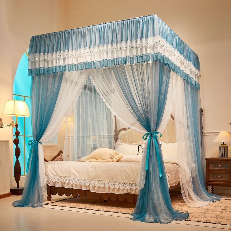 新款刺绣双层纱床帘高级感蚊帐三开门落地防蚊宫廷帐加厚烤漆支架