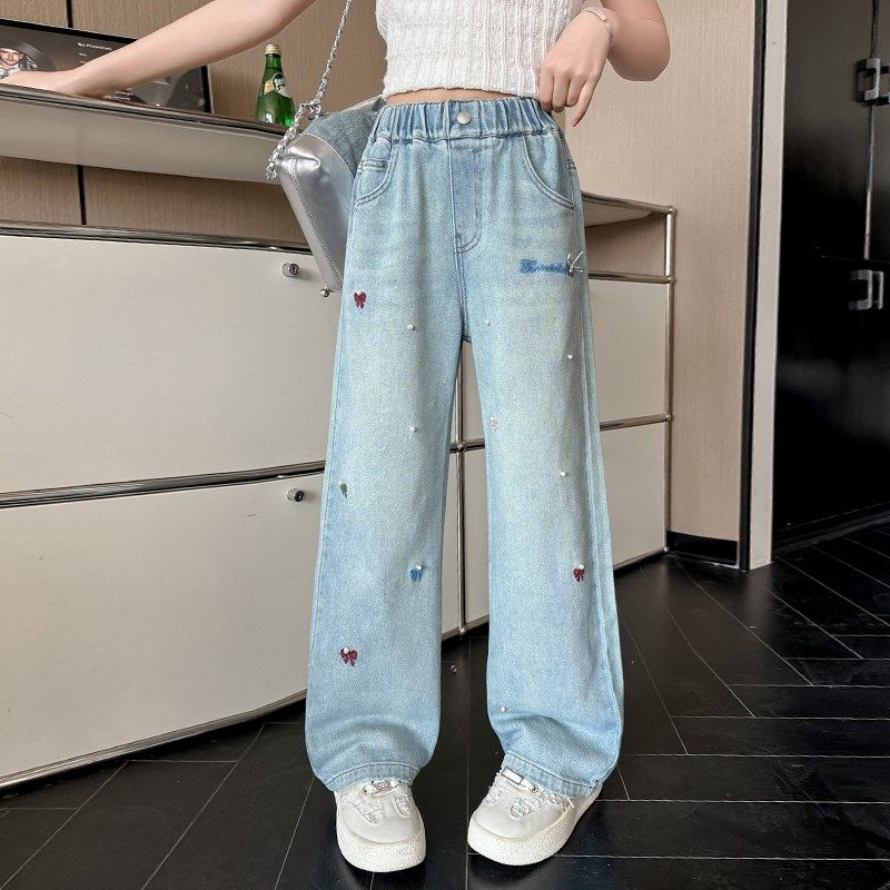 女童直筒牛仔裤春秋洋气儿童窄版阔腿裤柔软女大童春季浅蓝色裤子,童装/婴儿装/亲子装,儿童牛仔裤,淘宝优惠券,粉丝福利购,淘宝优惠卷