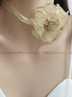 夏季新款复古仙气女网纱金丝蕾丝颈链高级感植物花卉项链锁骨链