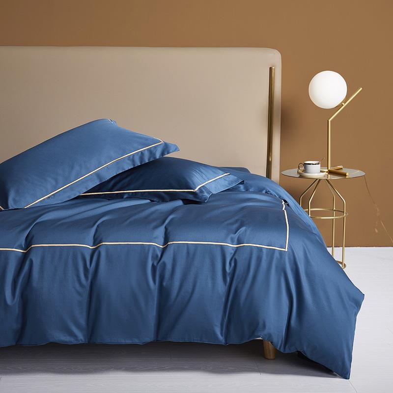 简约纯色北欧风140支长绒棉四件套刺绣款纯棉高支高密床品套件