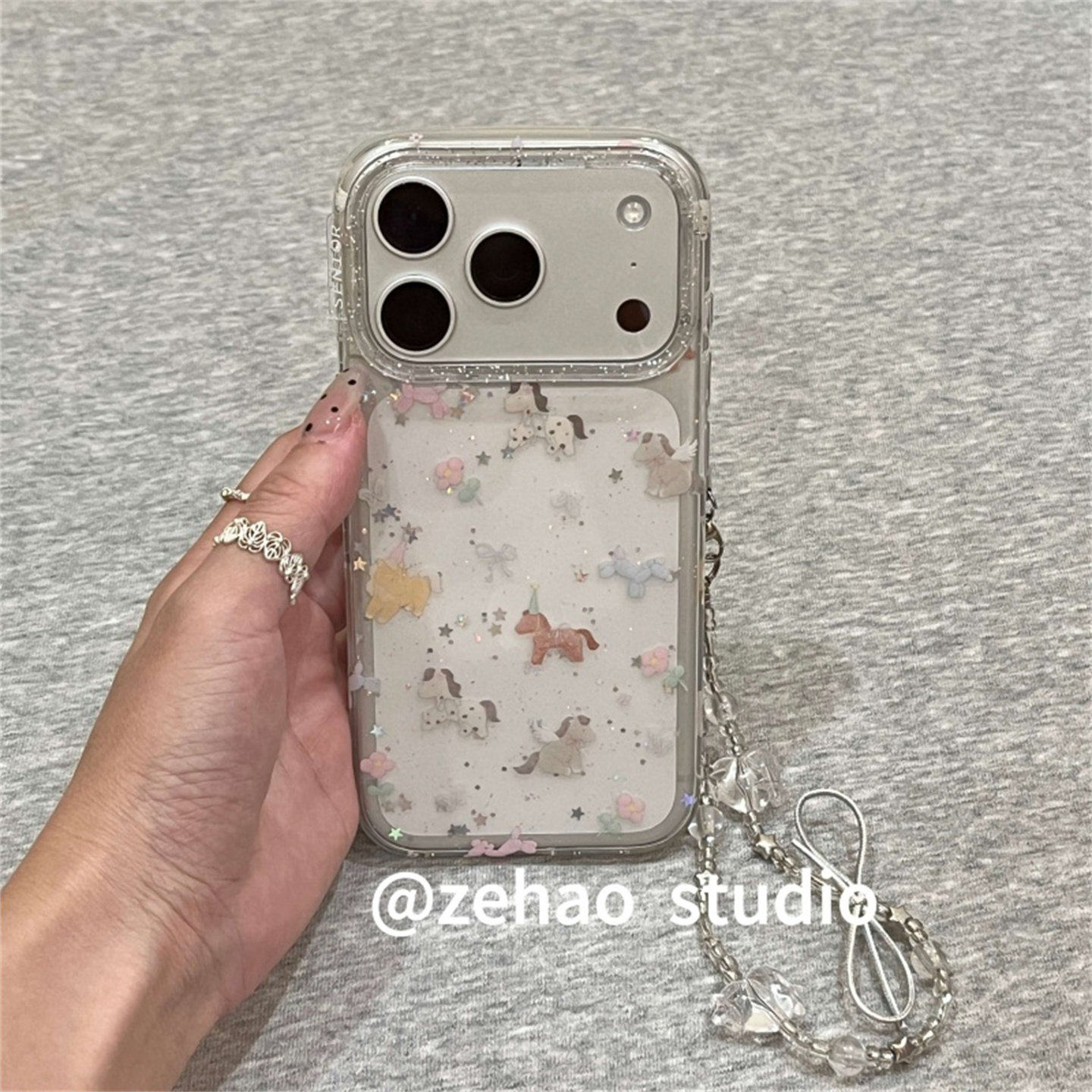 钰锴 透明细闪满屏花朵小马双层印花ins韩系适用苹果17ProMax手机壳iphone15新款16pro少女13防摔保护套14pro