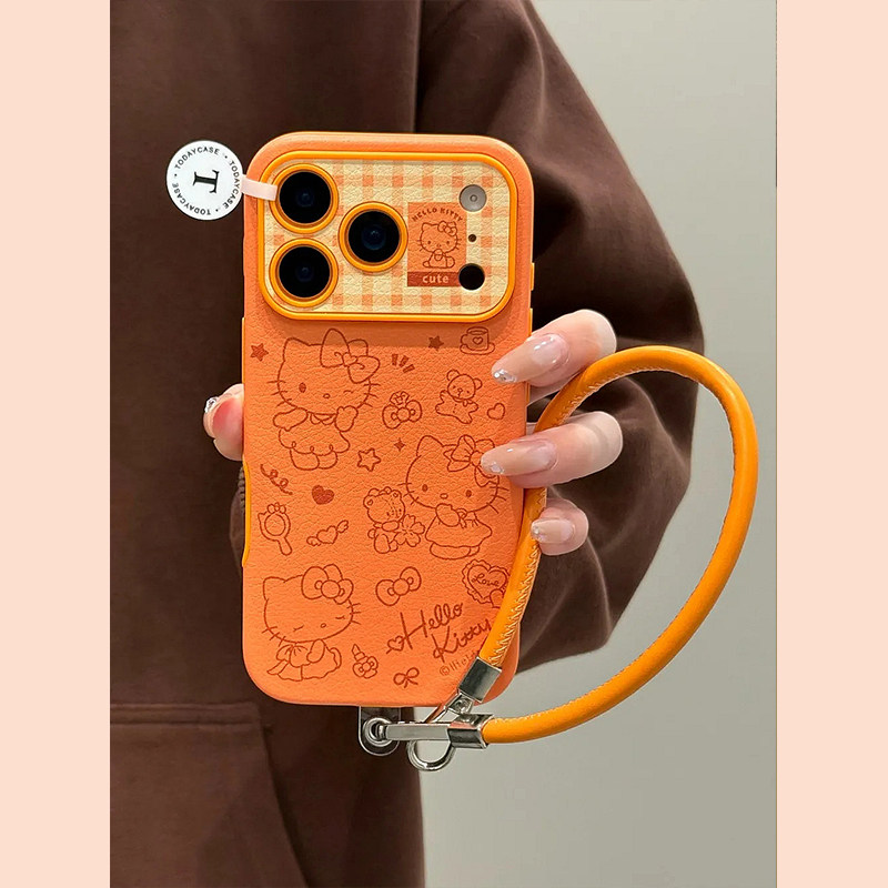 钰锴 星宇橙线条小熊kitty猫大视窗手拎皮绳适用苹果17ProMax手机壳iphone15新款16pro女13防摔15pro保护套14