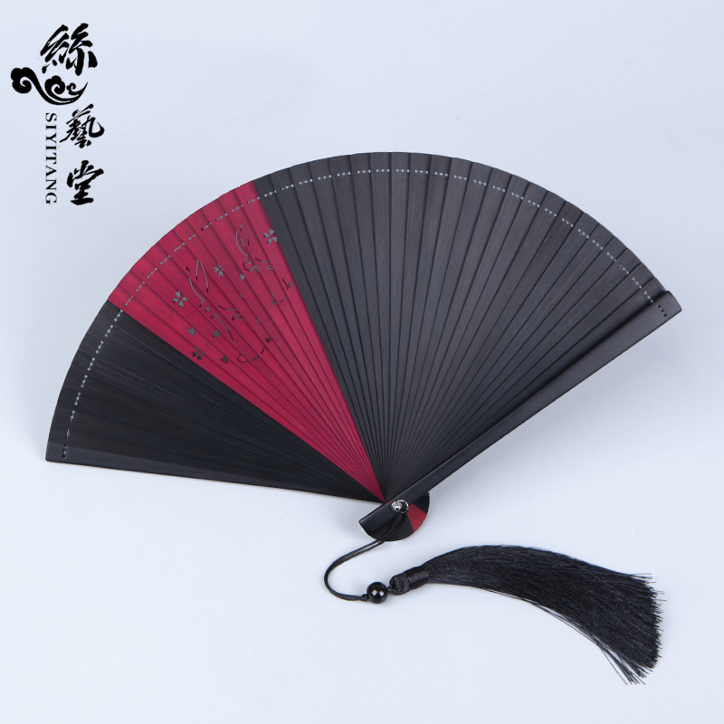 全竹折扇古风女式l扇子日式和风小兔镂空折叠扇随身古典黑色舞蹈
