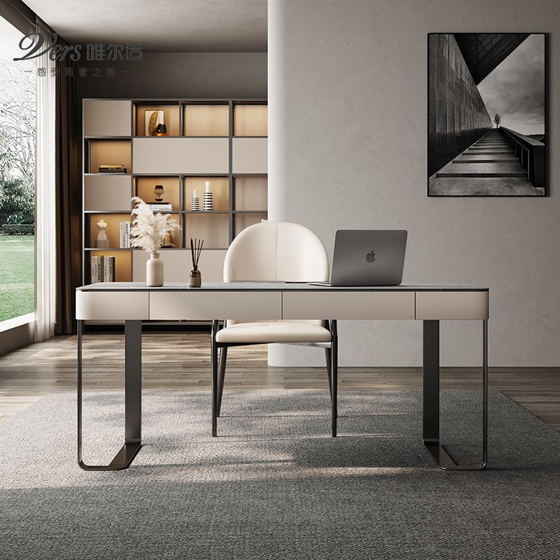 意式极简高档办公桌现代简约样y板房书房写字台轻奢实木岩板书桌