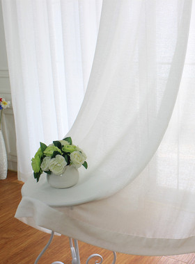 加厚纯白色麻纱窗帘透光不透人阳台E飘窗短半遮光客厅纱帘成品定