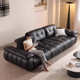 洛德零靠墙云漫沙发客厅直排黑色靠背坐深可调节前后真皮头层牛皮