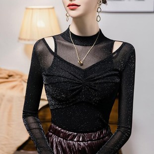 好看洋气的打底衫女士长袖亮丝纱衣网纱t恤高级感亮闪闪上衣春款