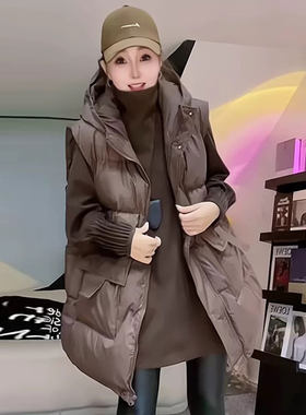 秋冬羽绒棉马甲女外穿中长款连帽宽松2024新款轻薄面包服欧货马夹