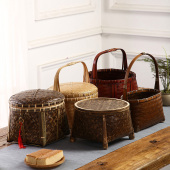 竹编复古提篮手工手提茶饼盒茶道收纳篮中式 做旧带盖四色方底提盒