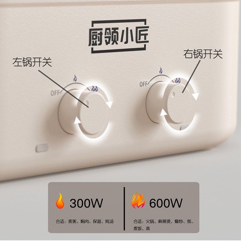 厨领小匠双胆分体式电煮锅家用多功能电火锅小型双锅防干烧电蒸锅