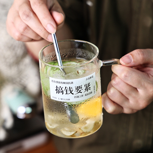小乐国潮趣味文字未来会瘦玻璃杯子搞钱要紧带盖勺手柄水杯吸管杯