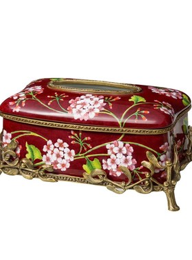 欧式红色陶瓷镶铜装饰储物罐盖坛客厅茶几花瓶纸巾盒卧室摆件