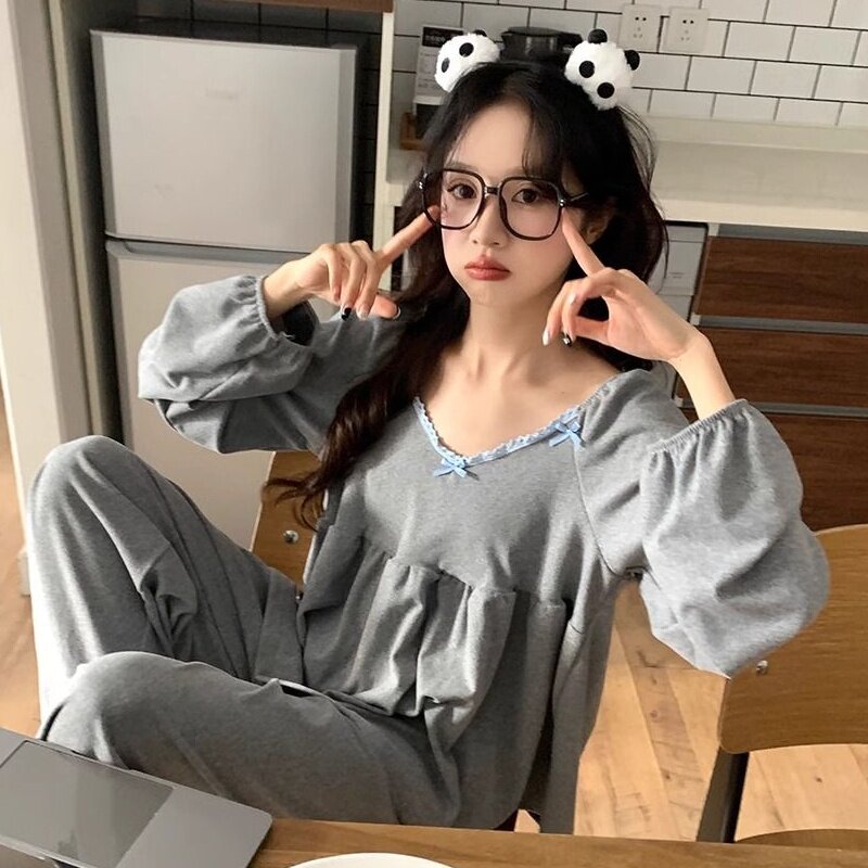 韩版纯欲蕾丝花边睡衣女款秋冬季2025新款V领家居服两件套装德绒