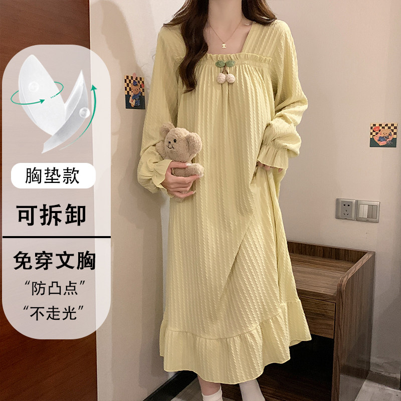 纯棉睡裙女款春秋季2026新款长袖大码200斤带胸垫甜美公主风睡衣