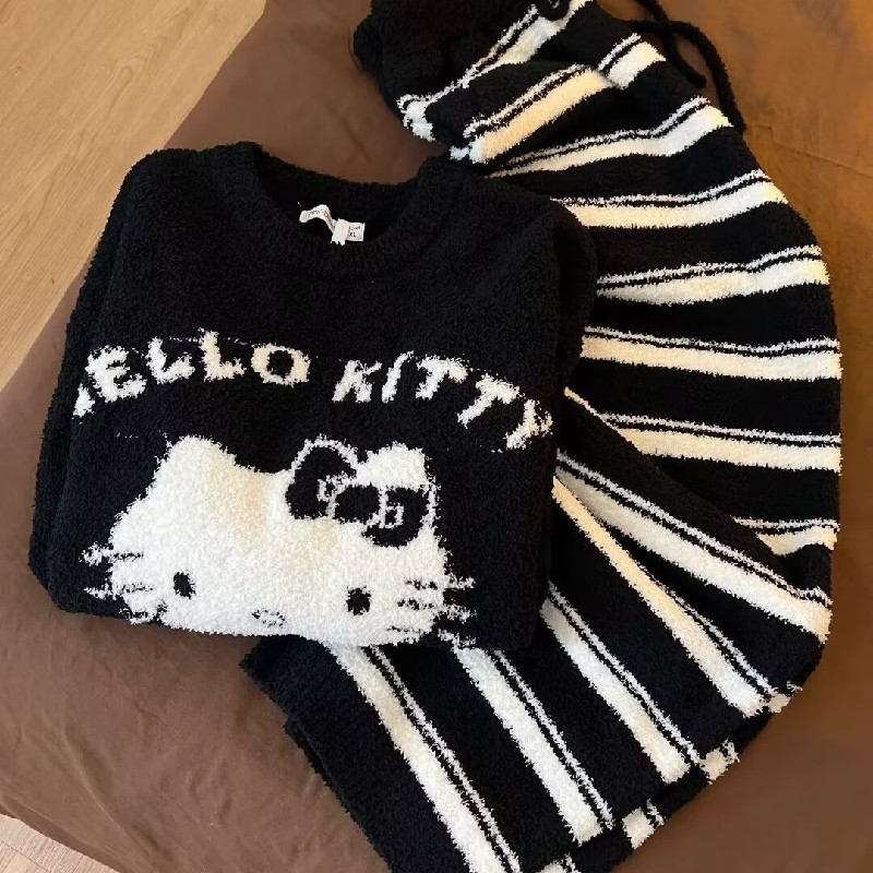 珊瑚绒卡通HelloKitty睡衣女秋冬季甜美条纹卡通半边绒保暖家居服