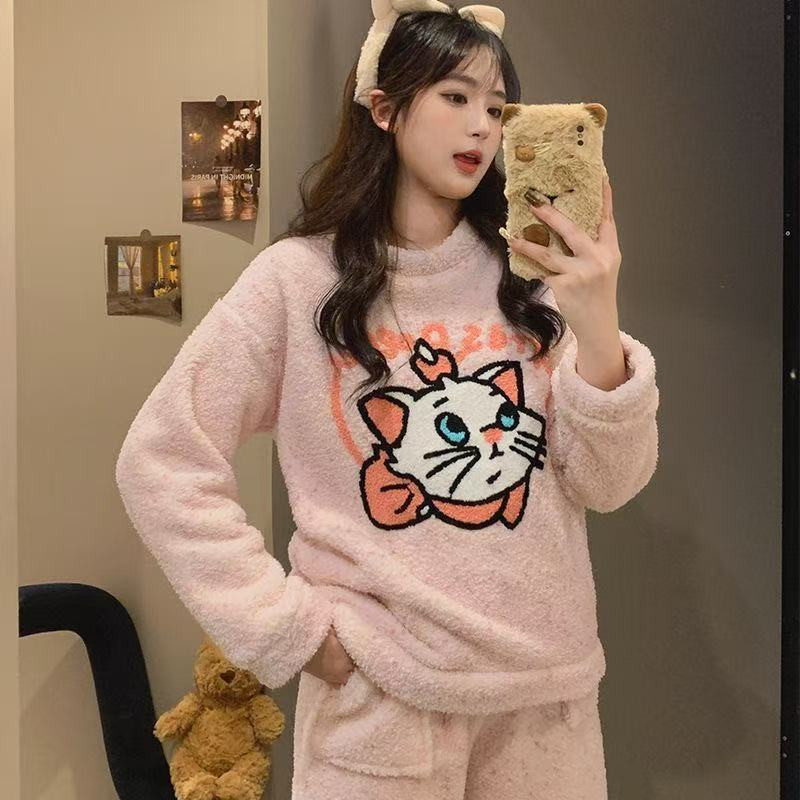 韩版半边绒可爱玛丽猫睡衣女冬季睡衣/家居服套装