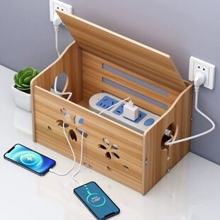 插线板收纳盒家庭电源线插排整理盒桌面电线插座集线盒理线盒木质