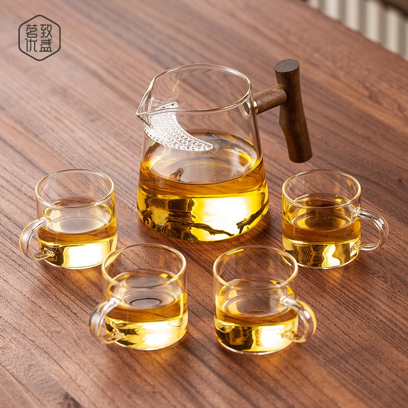 木把月牙公道杯加厚耐热玻璃茶漏一体过I滤泡茶壶绿茶杯分茶器茶