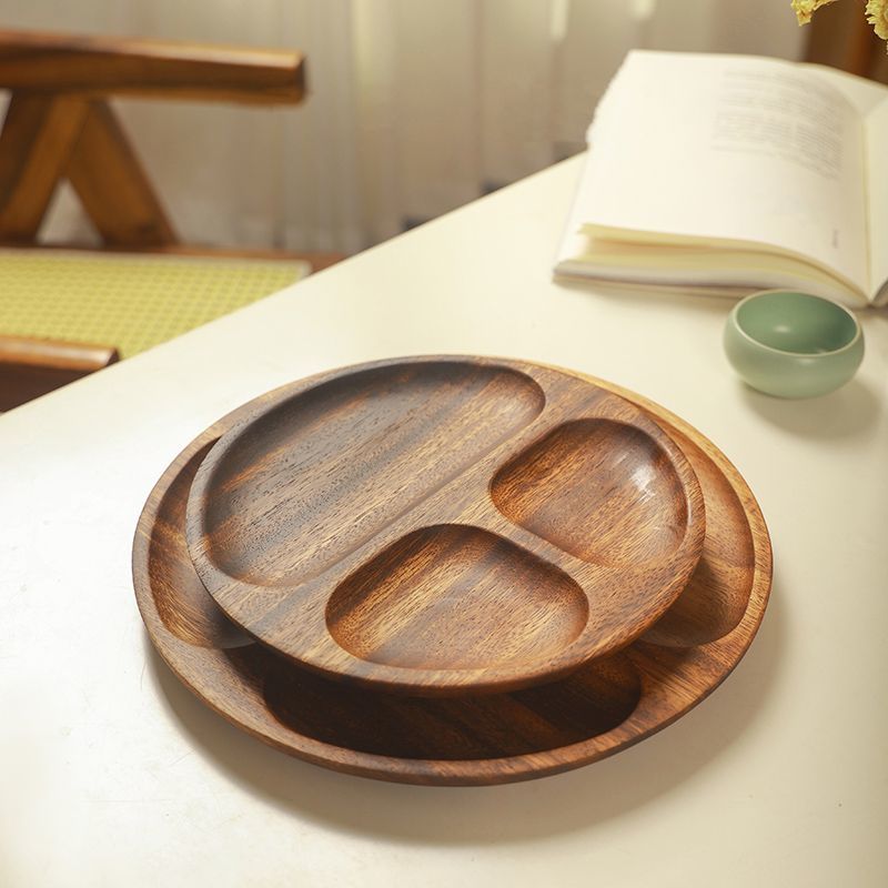 复古日式胡桃木圆形分餐盘相思木儿童点心盘实木寿司盘果盘小吃碟