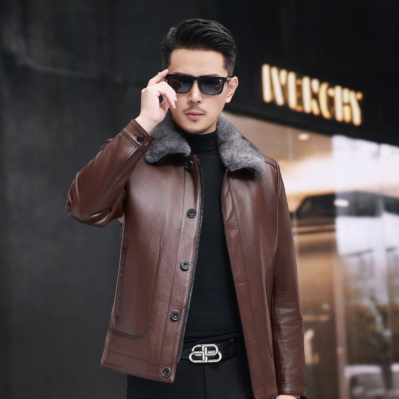秋冬新款海宁真皮皮衣男士翻领头层牛皮加绒内胆短款夹克加厚外套