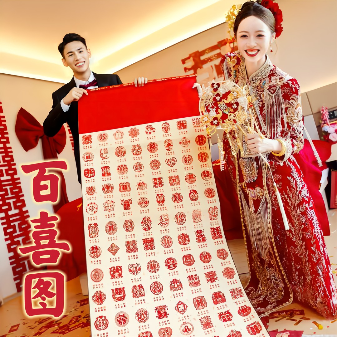 百喜图100个喜字印章190cm加大款卷轴新人情侣闺蜜结订婚礼物定制