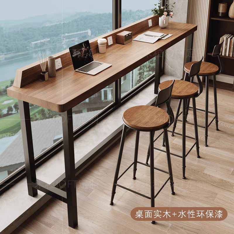 阳台家用吧台桌实木带插座靠窗长条高低脚长桌子高脚桌椅靠墙窄桌