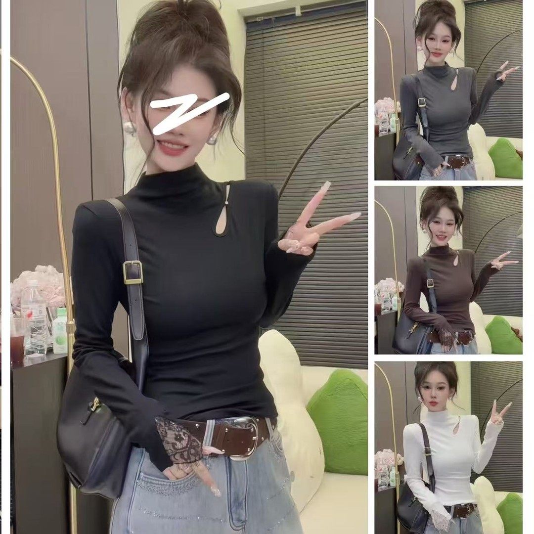 半高领蕾丝钉珠长袖上衣女2025秋冬新款加绒设计感百搭打底衫7158,女装/女士精品,大码内搭,淘宝优惠券,粉丝福利购,淘宝优惠卷