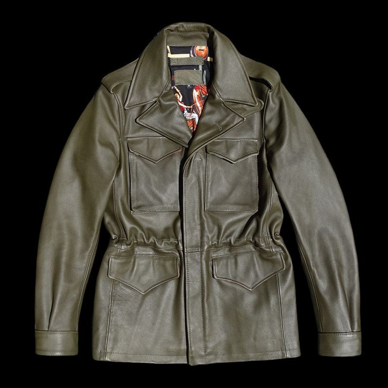 M43猎装多口袋风衣版!墨绿色硬挺植鞣牛皮真皮皮衣男帅气修身男