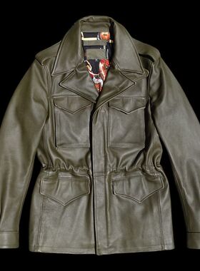 M43猎装多口袋风衣版!墨绿色硬挺植鞣牛皮真皮皮衣男帅气修身男