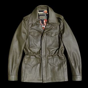 M43猎装多口袋风衣版!墨绿色硬挺植鞣牛皮真皮皮衣男帅气修身男