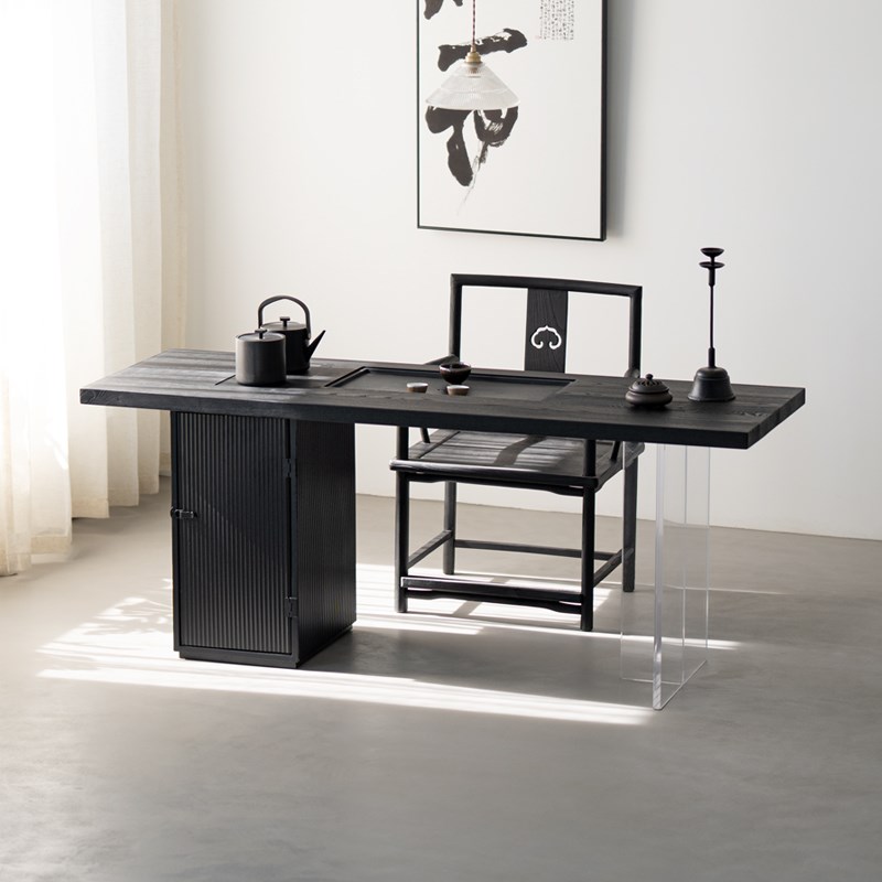 轻奢黑色白蜡木全实木q家用茶台阳台茶桌现代简约办公室接待泡茶