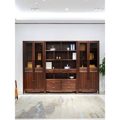fc乌金木书柜全实木组合书架带门带玻璃办公室书橱新中式书房博古