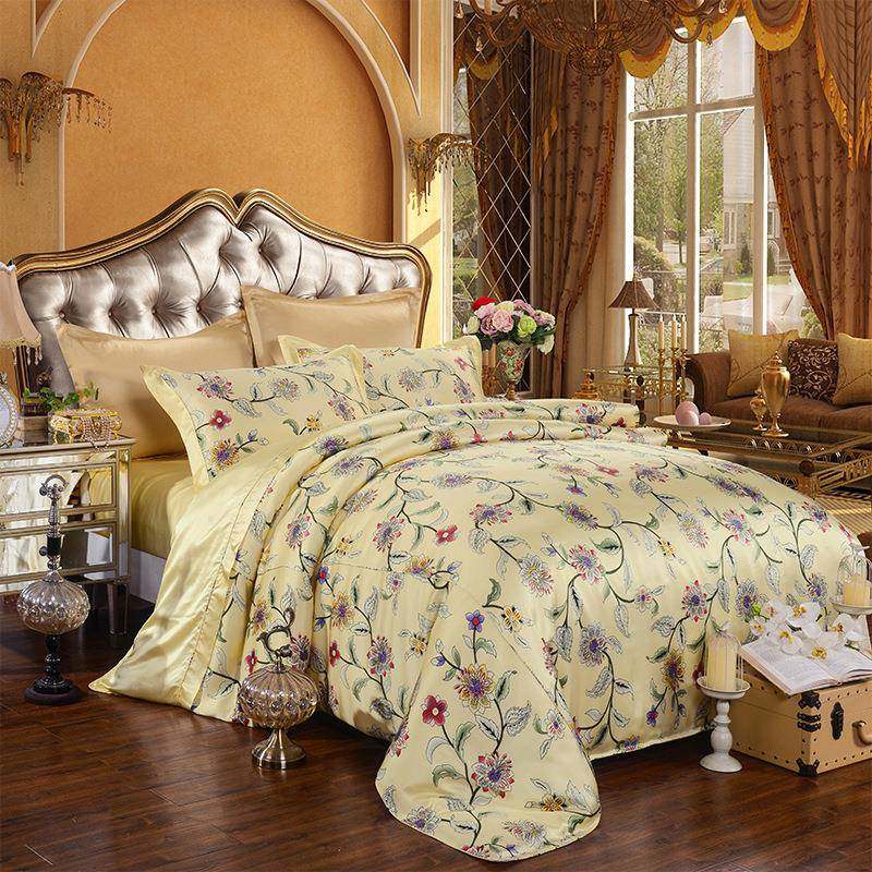 桑蚕丝床上四件套淡黄花拼幅款枕套被套家居用品现货,特色手工艺,其他特色工艺品,淘宝优惠券,粉丝福利购,淘宝优惠卷