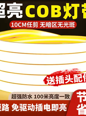 220V硅胶自粘cob灯带无暗区led超亮客厅吊顶室内户外防水软灯条