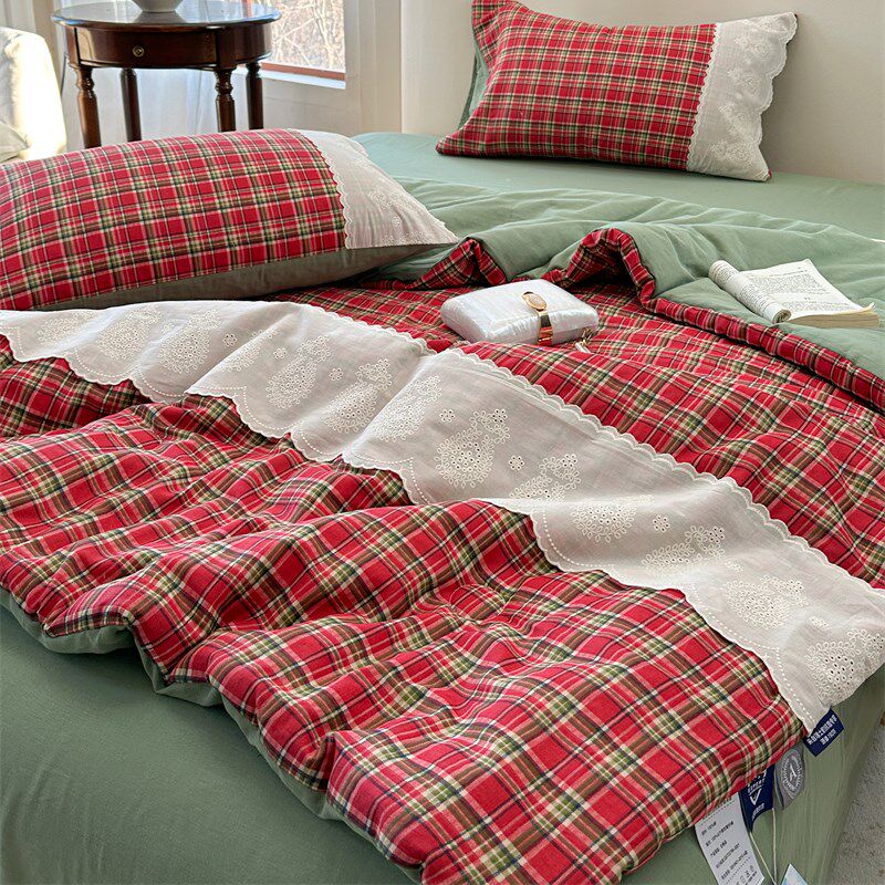 法式中古风复古红格m子夏凉被单双人被芯双层纱空调被四件套春秋