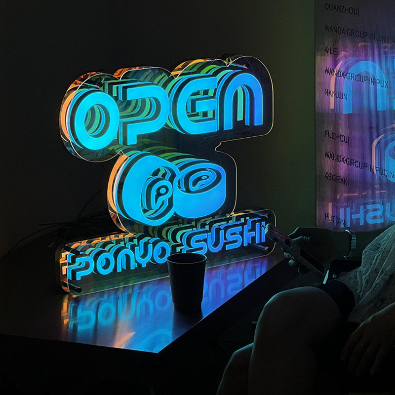 炫彩亚克力深渊镜灯箱定制发光字logoI不同角度都有不同色彩广告