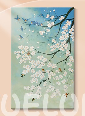 中古风白色梅花纯手绘油r画客厅沙发背景墙装饰画花卉玄关植物挂