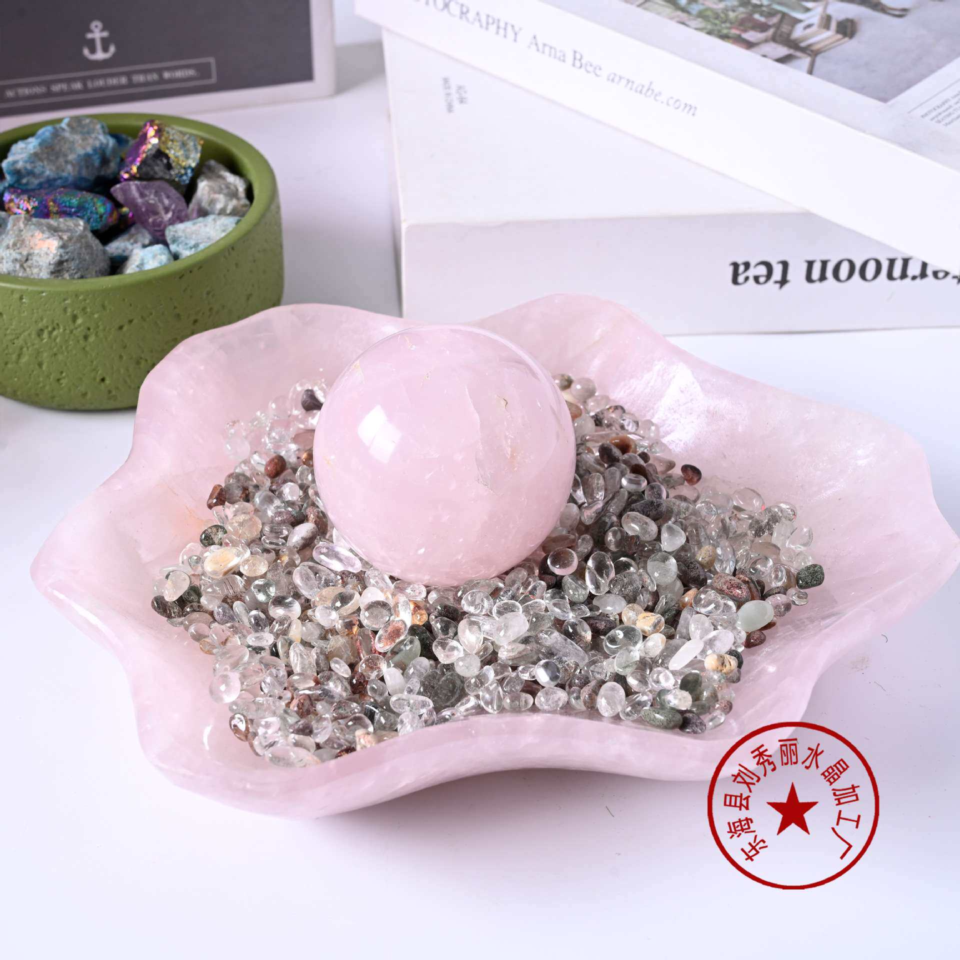 天然白粉紫水晶消磁净化随形盘果盘水晶原石打磨居家办公桌面摆件