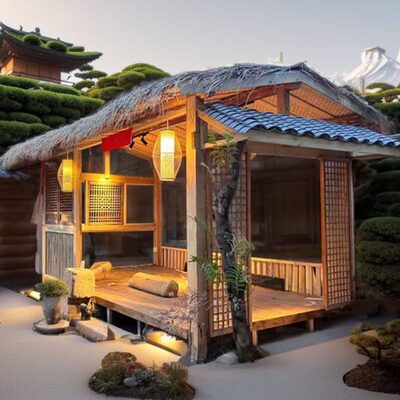网红小院布置装饰庭院造景户外小木屋日式茶室凉亭农村小院茅草屋