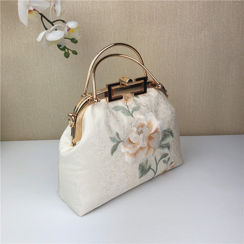 树枝花锦缎简约优雅风刺绣 20cm弧形双拎手口金包diy材料包手工