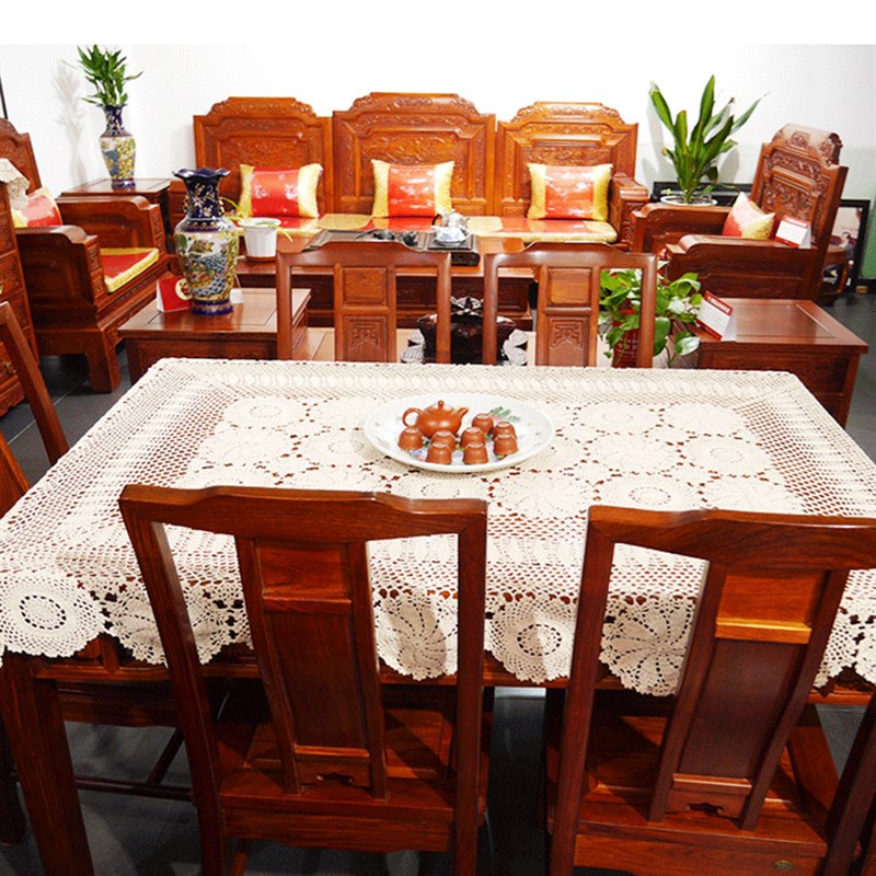 手工钩织花卉镂空家居棉布艺v方形欧式餐桌台布麻沙发茶几杯垫白