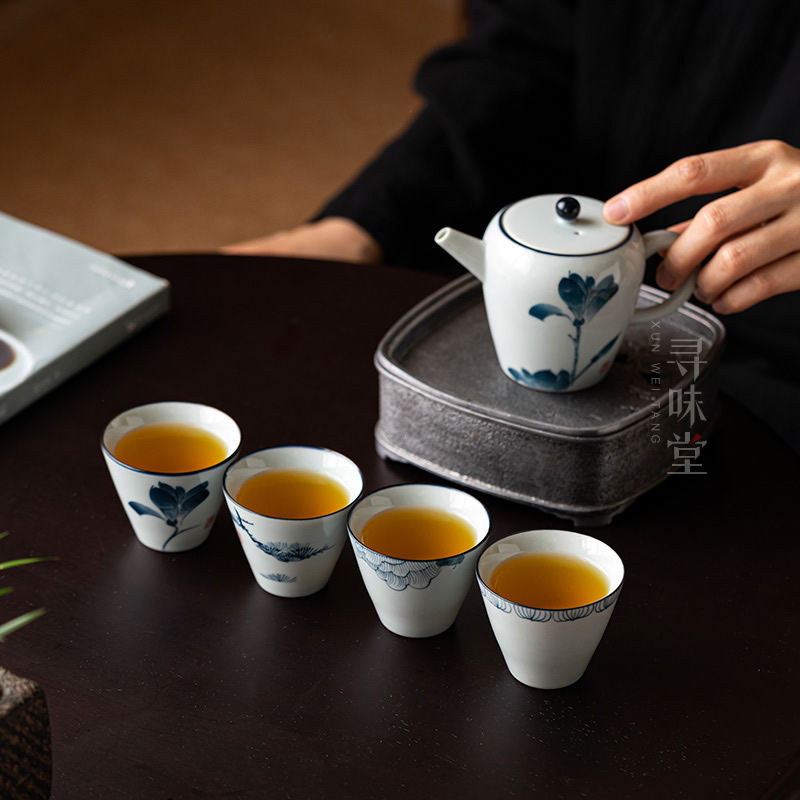 青灰釉手绘直口杯复古风青花品茗杯素雅小茶杯中式陶瓷功夫茶具