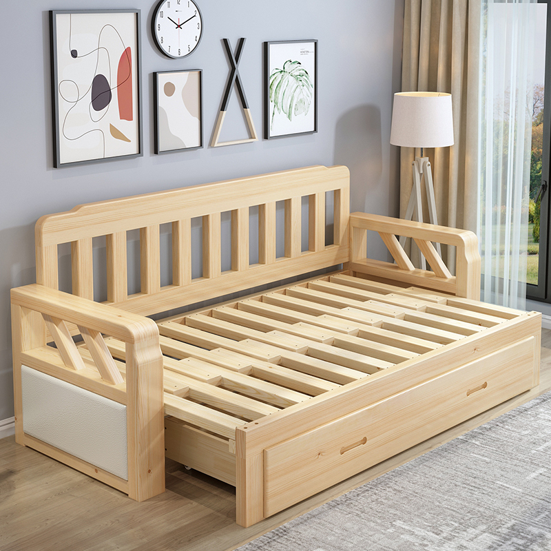 实木沙发床双人可折叠推拉小户型客厅单人床多功能U伸缩坐卧两用